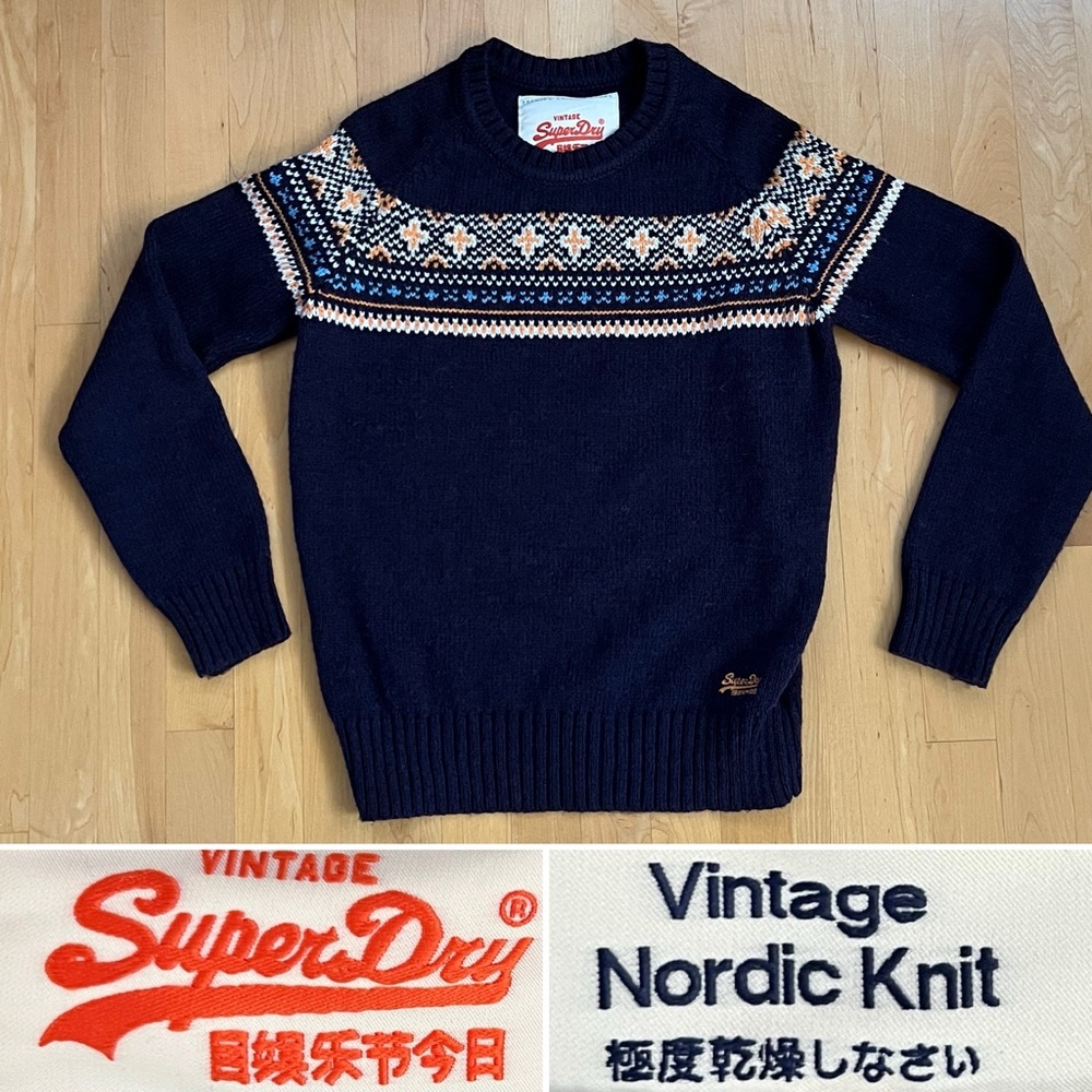 🔷🔶Navy Vintage Nordic Knit SuperDry Fair Isle Crewneck Sweater Vintage Superdry